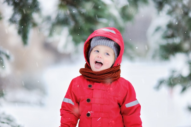 El retrato del niño pequeño divertido en invierno rojo viste divertirse en nevadas. Ocio activo al aire libre con niños en invierno. Niño con gorro, guantes y bufanda.