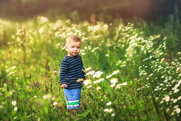 Retrato de un niño pequeño entre flores