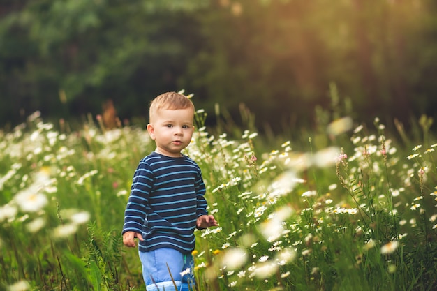 Retrato de un niño pequeño entre flores