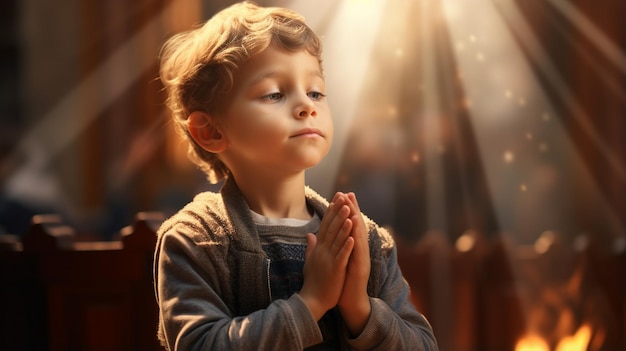 Foto retrato de un niño pequeño con una oración en las manos