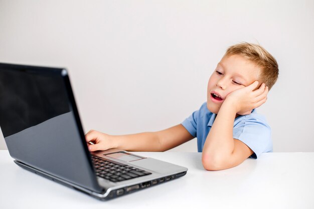 Retrato, de, niño pequeño, con, pelo rubio, usar la computadora portátil, en el escritorio