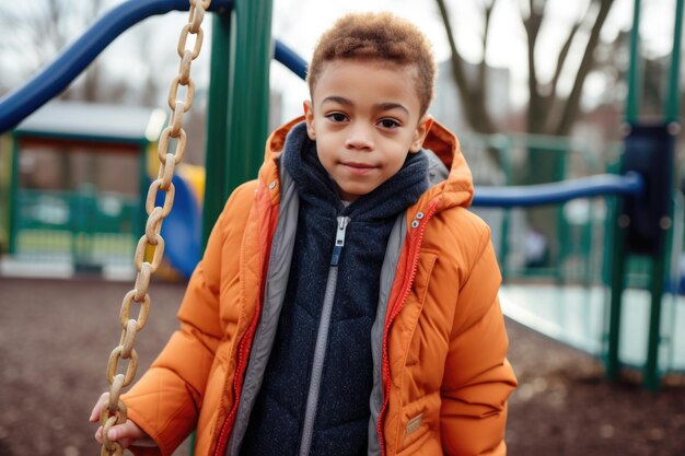 Retrato de un niño pequeño de pie en el columpio en un patio de recreo inclusivo creado con IA generativa