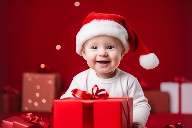 Retrato de un niño pequeño con un sombrero de Papá Noel con un regalo en Navidad