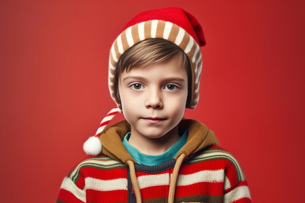 retrato de un niño pequeño con sombrero rad sobre fondo navideño Copiar espacio IA generativa