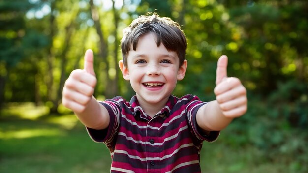 Retrato de un niño pequeño sonriente y activo mostrando los pulgares hacia arriba