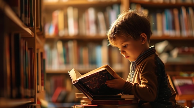 Retrato de un niño pequeño sosteniendo libros en la biblioteca y leyendo IA generativa