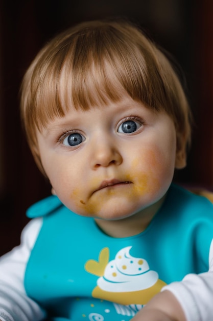 Retrato de un niño pequeño y sucio en la cara de la comida