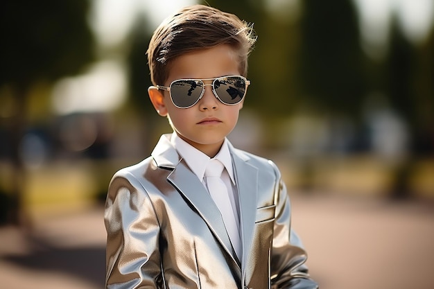 Retrato de un niño pequeño con un traje brillante y gafas de sol