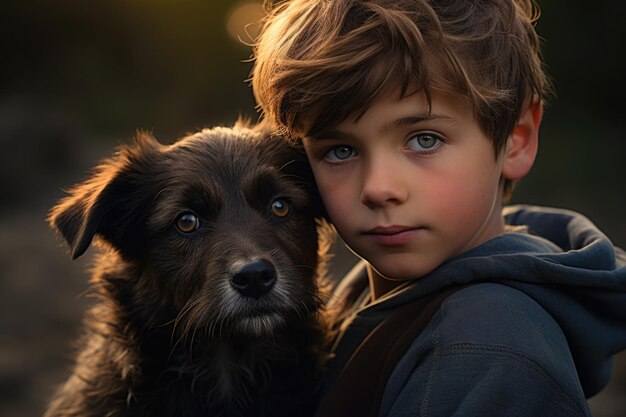 Retrato de niño y perro Cuidado de mascotas Emociones de personas IA generativa