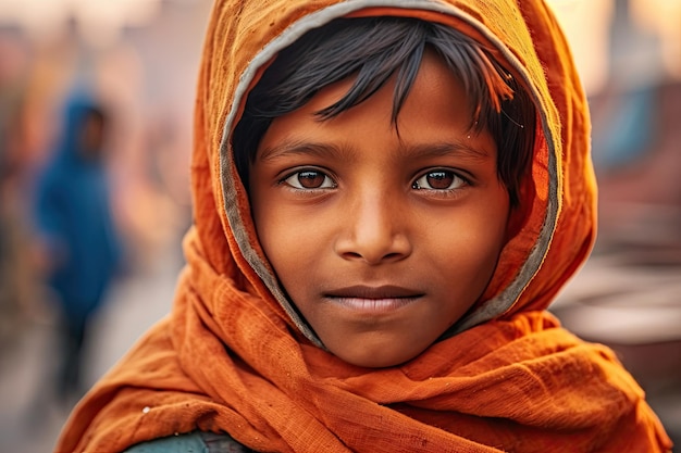 Retrato de un niño pobre indio sonriendo