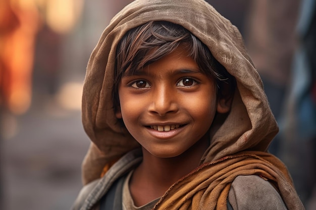 Retrato de un niño pobre indio sonriendo