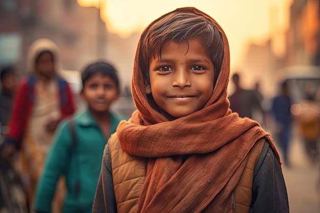 Retrato de un niño pobre indio sonriendo