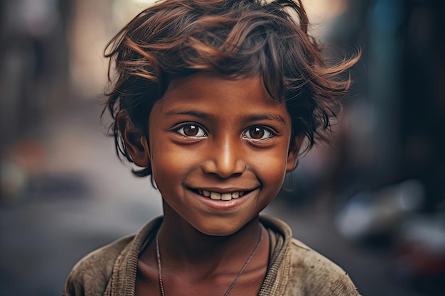 Retrato de un niño pobre indio sonriendo