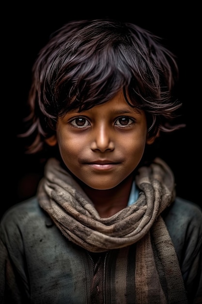 Retrato de un niño pobre indio sonriendo