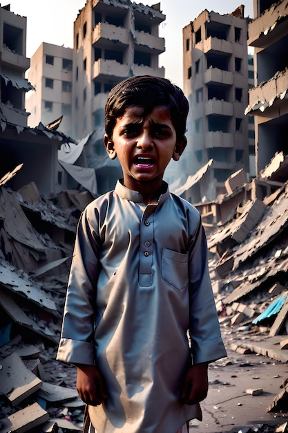 Foto retrato de un niño que está usando shalwar qameez y llorando de pie frente a la ciudad destruida