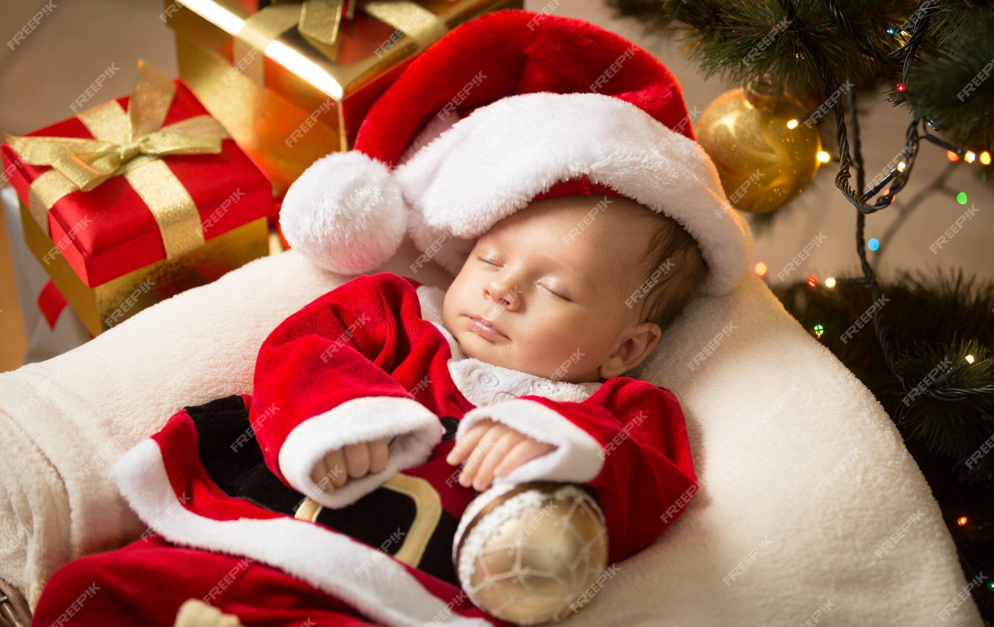 Retrato, de, recién nacido, en, ropa, debajo, árbol de navidad | Premium
