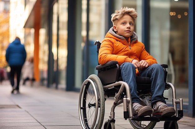 Retrato de un niño sentado en una silla de ruedas afuera en la calle