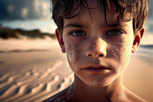 Retrato de un niño serio frente a la cámara en la playa en un día soleado de verano Ilustración generativa de IA