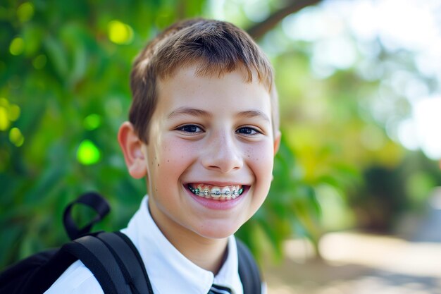 Retrato de un niño sonriente con aparatos dentales en el parque