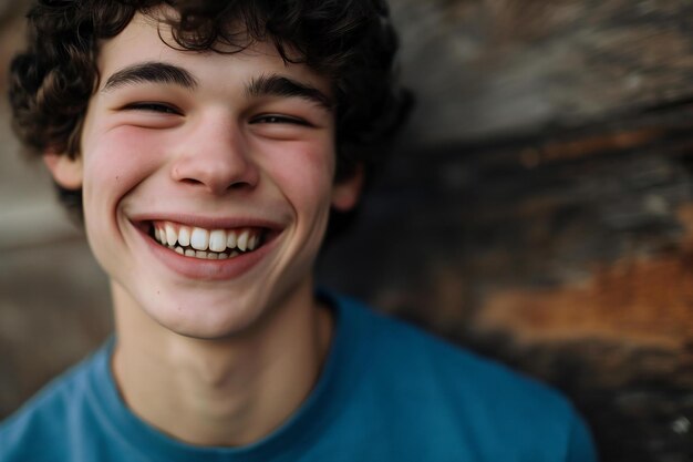 Foto retrato de un niño sonriente con el cabello rizado contra una vieja pared de madera