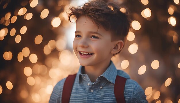 Foto retrato de un niño sonriente con una camisa azul y tirantes sobre un fondo de luces navideñas