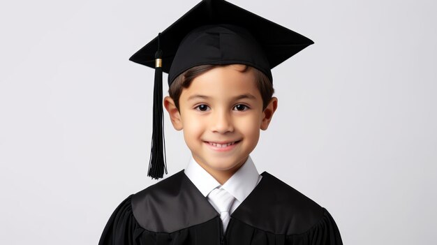 Foto retrato de un niño sonriente en un fondo blanco con uniforme de graduado