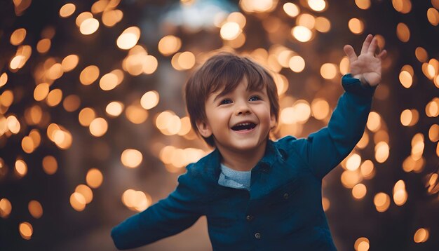 Foto retrato de un niño sonriente en el fondo de las luces de navidad