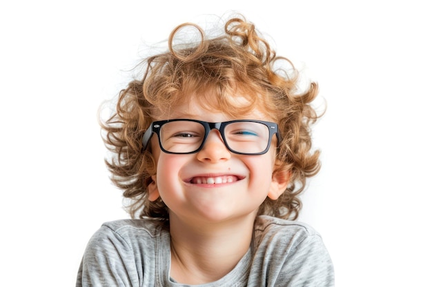 Retrato de un niño sonriente con gafas aislado sobre un fondo blanco