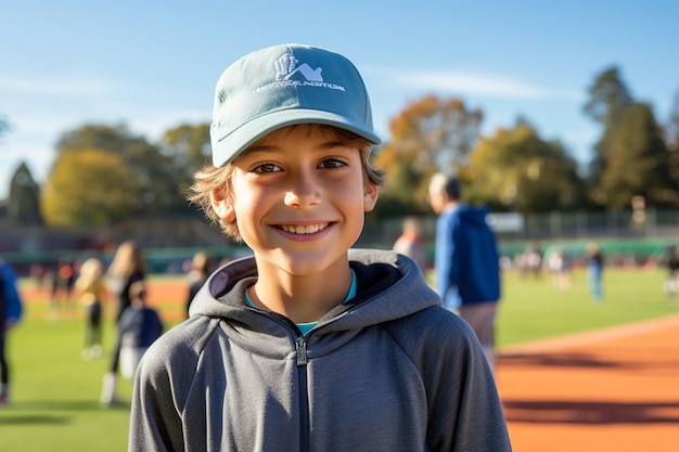 Retrato de un niño sonriente con gorra mirando a la cámara con entusiasmo deportivo generativo por Ai