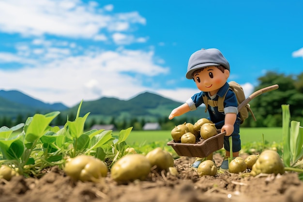 Retrato de un niño sonriente con patatas recién excavadas en el campo al atardecer AI generativa