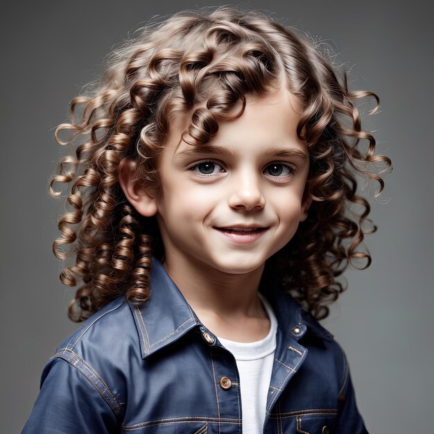 retrato de un niño sonriente y rizado con camisa azul