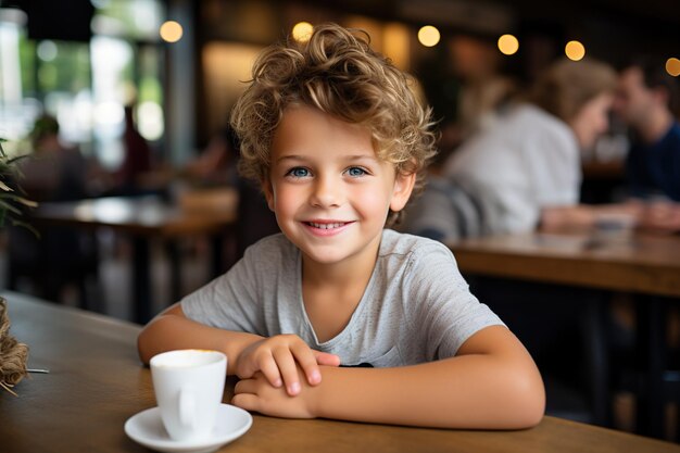 Foto retrato de un niño sonriente sentado en una mesa en un café y mirando a la cámara