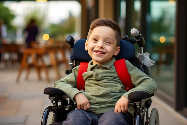 Retrato de un niño sonriente sentado en una silla de ruedas al aire libre