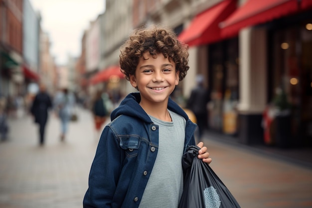 Retrato de un niño sonriente sosteniendo bolsas de compras en medio de la terapia minorista Joy Generative por Ai