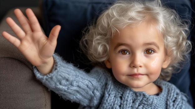 Retrato de un niño sonriente con un suéter azul agitando