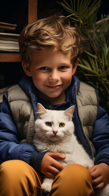 Retrato de un niño y su gato