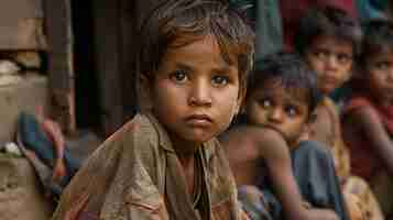 Foto retrato de un niño sucio de pie en un pobre pueblo indio africano concepto de hambre