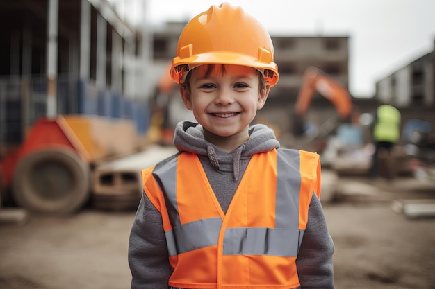 Retrato de un niño trabajador de la construcción con casco generativo ai