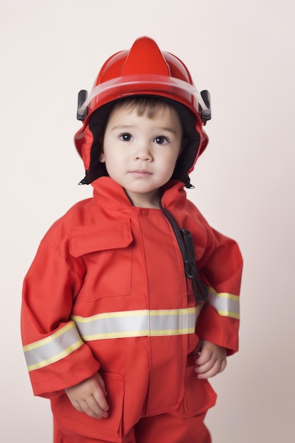 Retrato de un niño con traje de bombero y casco IA generativa