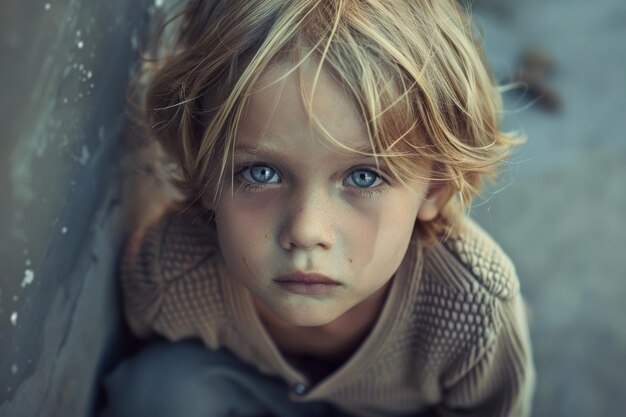 retrato de un niño triste, abandonado y solitario