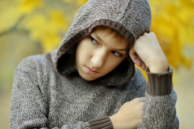 Retrato de un niño triste en el parque otoño