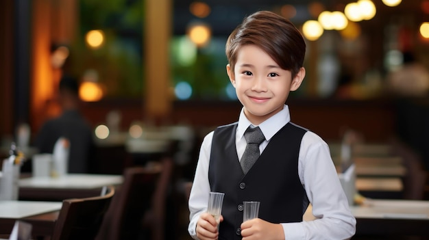 Foto retrato de un niño vestido de camarero el concepto de los niños en ocupaciones adultas