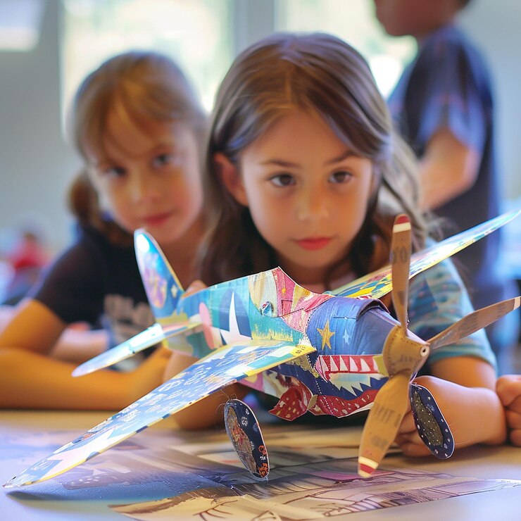 Retrato de niños aprendiendo a hacer aviones de papel