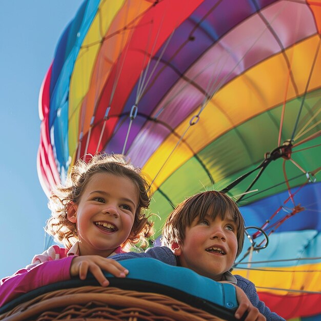 Foto retrato de niños en una aventura en globo