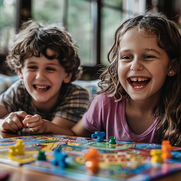 Foto retrato de niños juego de mesa emocionante juego de juego emociones nocturnas