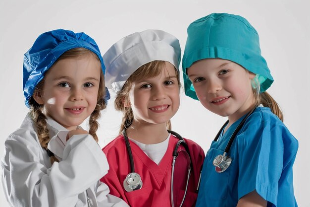 Foto retrato de niños jugando a los profesionales médicos