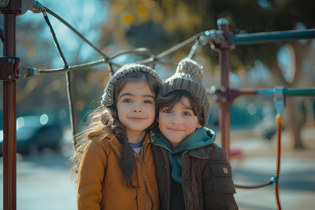 Retrato de niños latinos al aire libre en el patio de recreo IA generativa