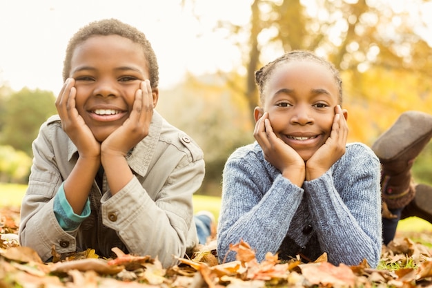 Retrato de niños pequeños acostado en hojas