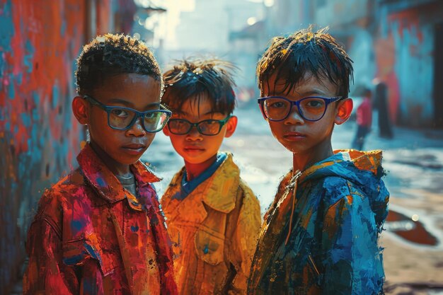 Retrato de niños con ropa de colores en la calle Fondo de color Animación