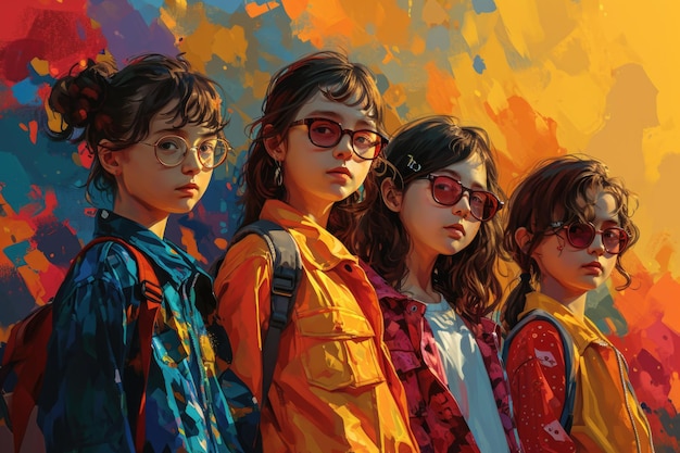 Retrato de niños con ropa de colores en la calle Fondo de color Animación